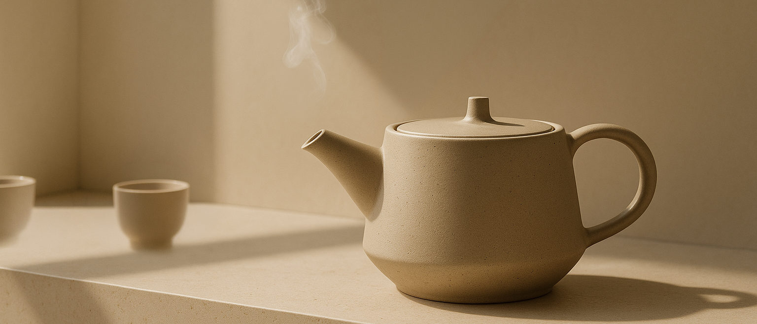 A stoneware teapot with steam rising, on a pale stone ledge in window light.