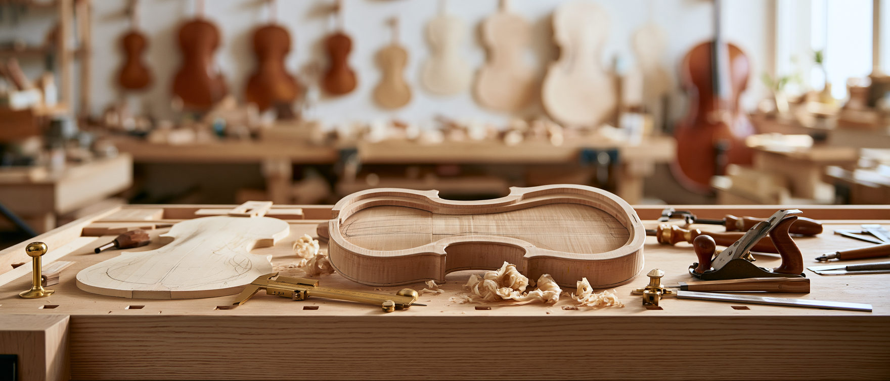 A violin maker's workbench with a violin rib frame, curled wood shavings and hand tools, violin forms hanging on the wall behind.
