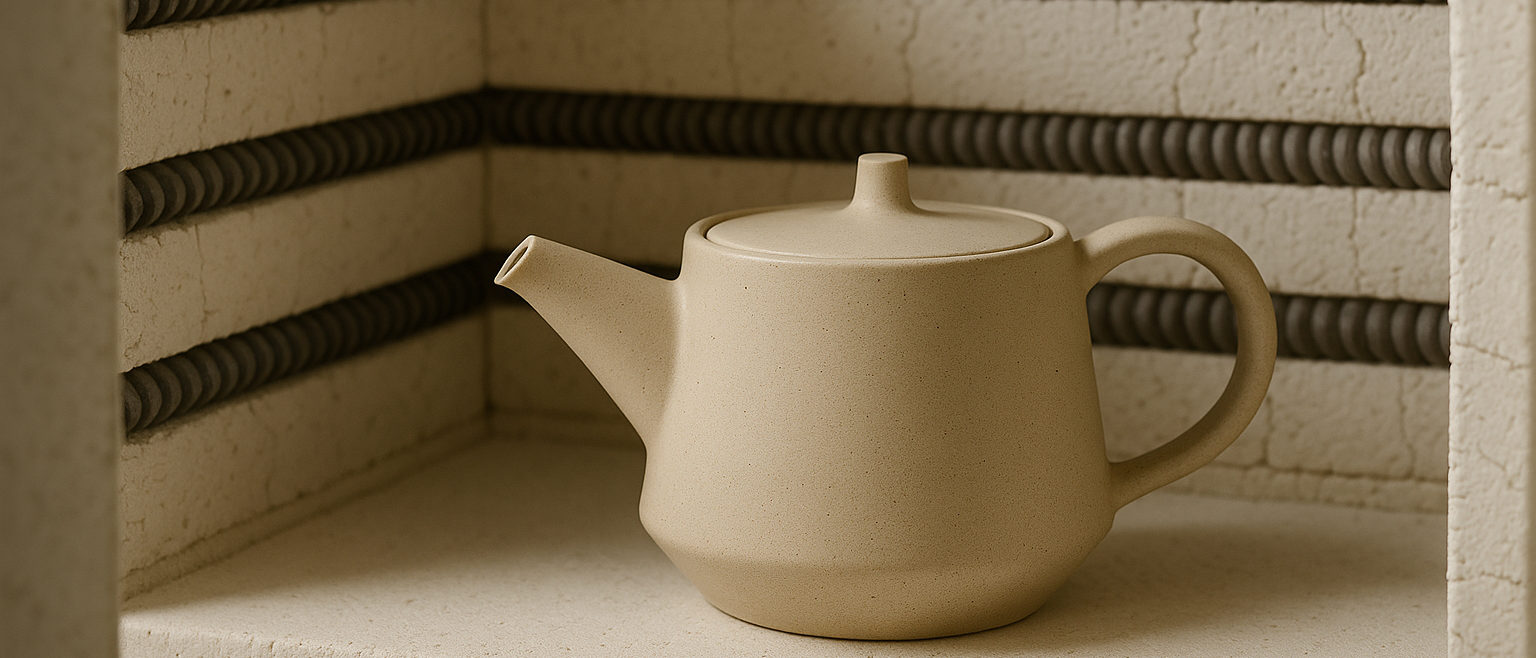 A stoneware teapot on a pale ledge inside a kiln, heating coils running along the brick wall behind it.