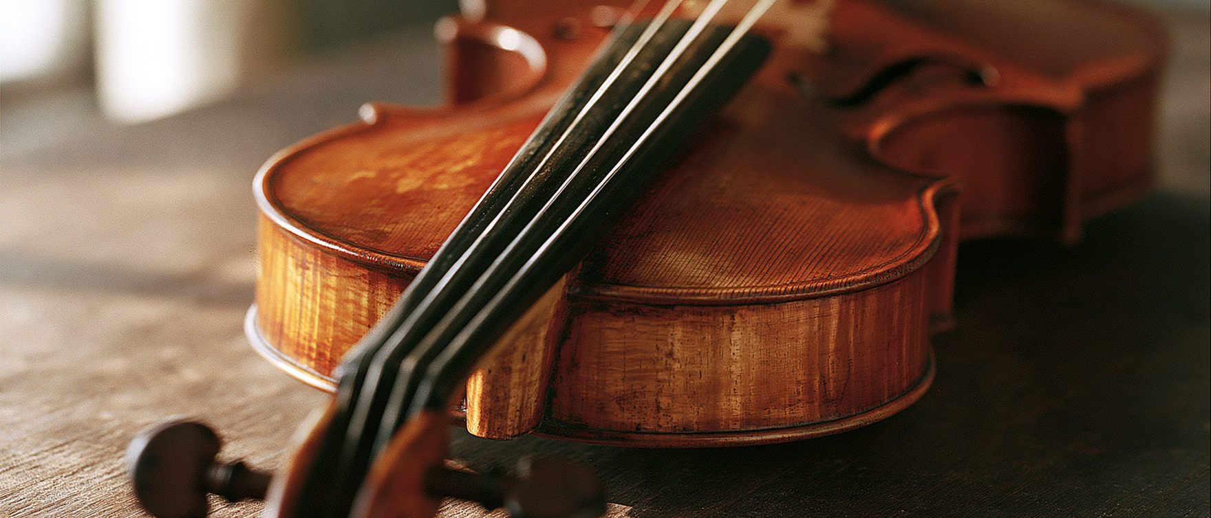 An antique violin lying on a worn wooden bench in soft window light.