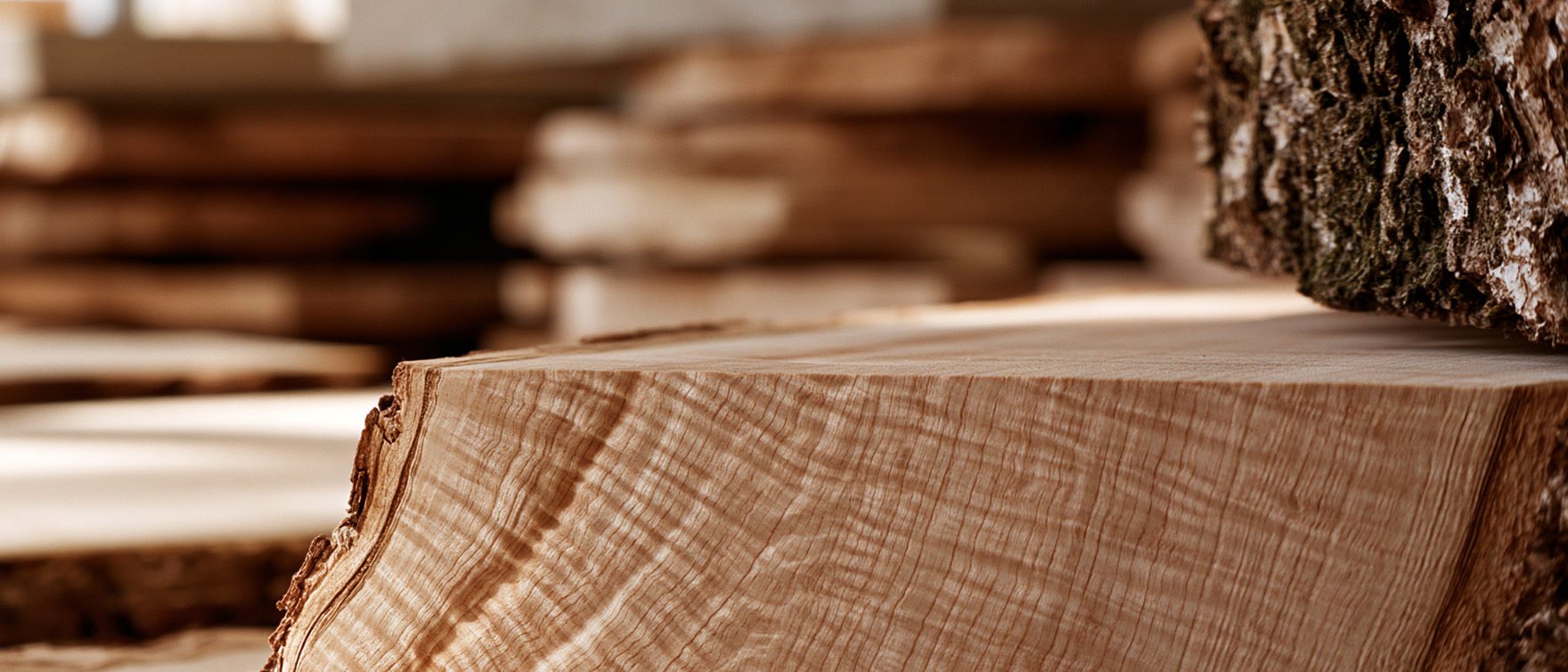 Stacked flamed-maple tonewood billets with bark edges on a workshop bench, one cut face catching the light.