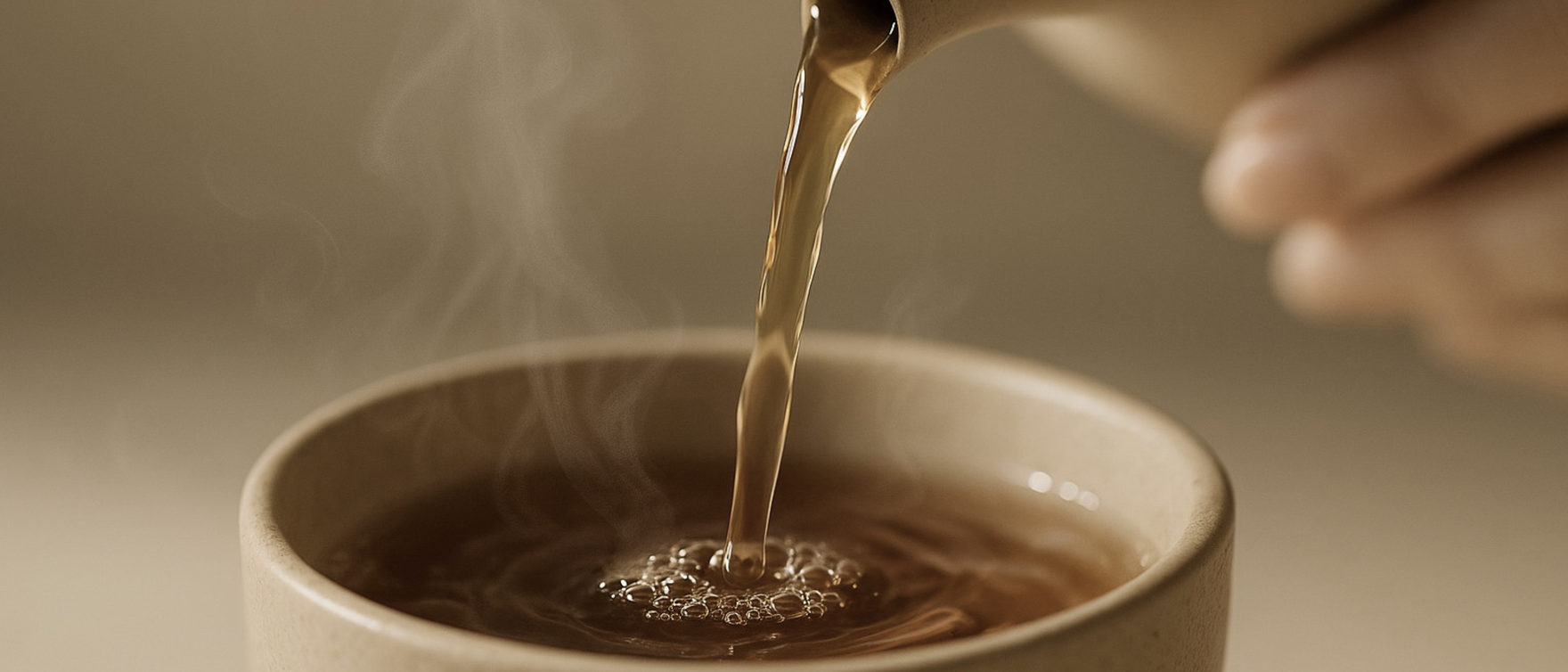 Tea poured from a stoneware pot into a cup, steam rising.