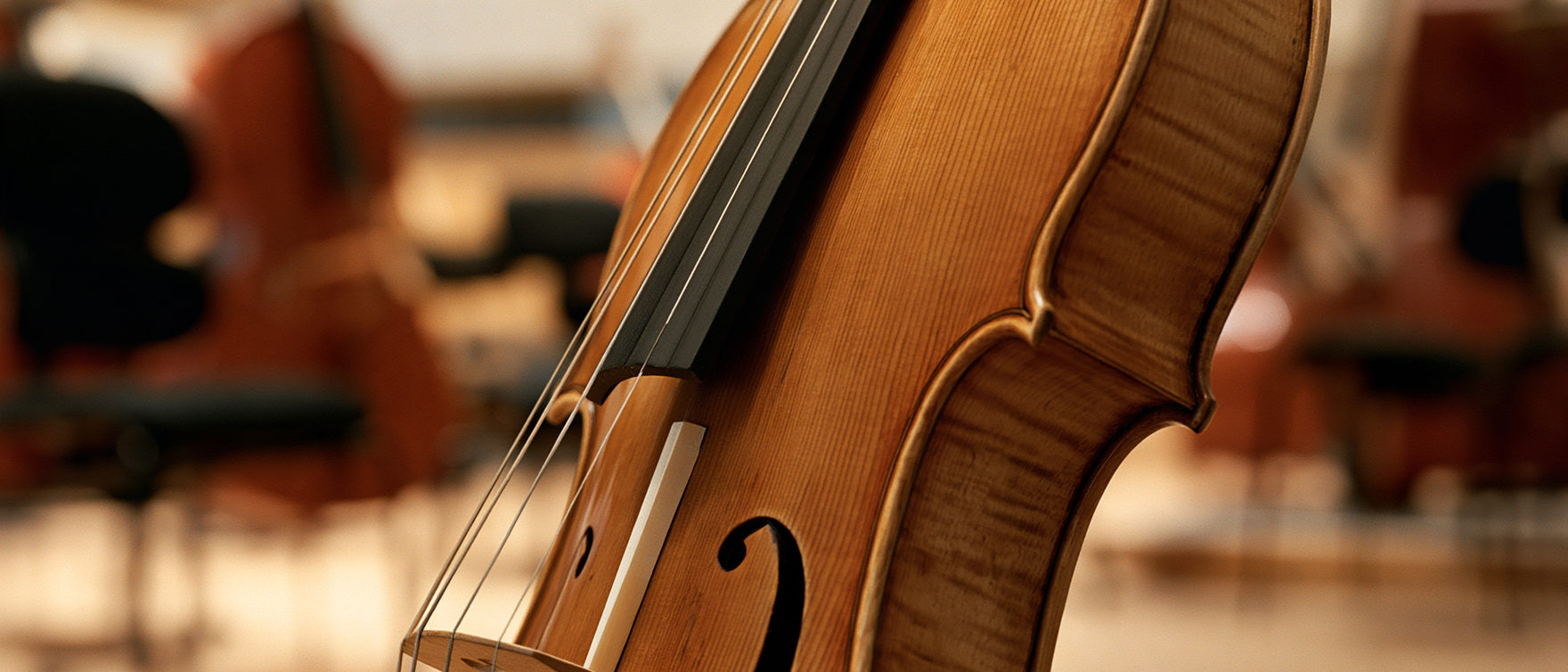 Close view of a violin's f-hole and strings in an empty concert hall, instruments blurred behind.