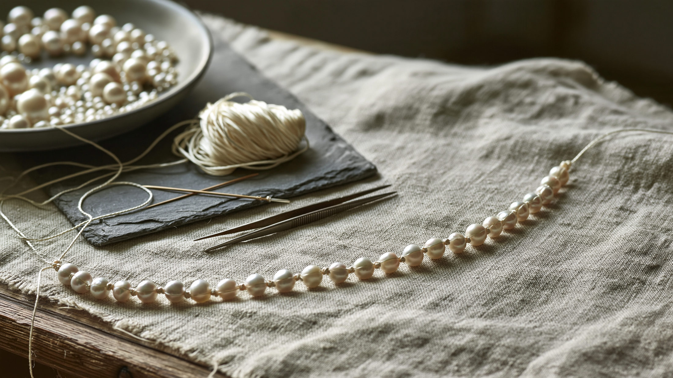 Pearls being carefully strung by hand on a linen workbench